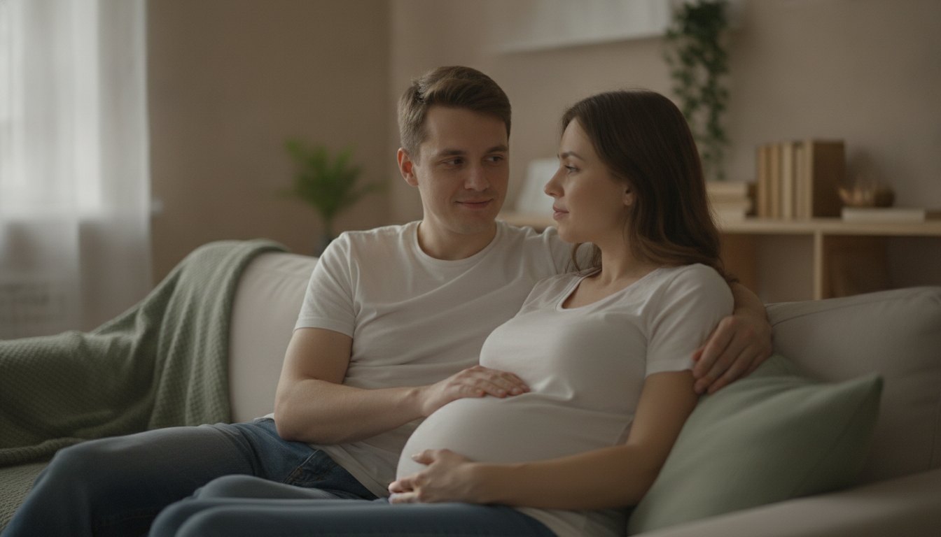 Будущие родители разговаривают, сидя на диване в светлой комнате