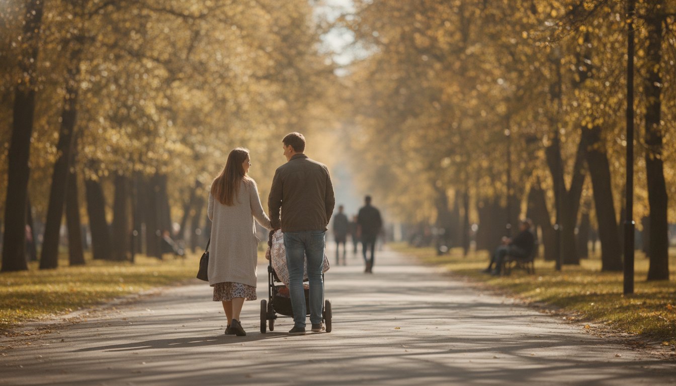 Родители гуляют с коляской по аллее осеннего парка