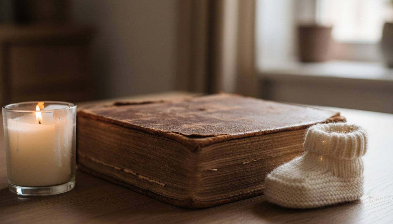 Старая книга в кожаном переплёте, свеча и вязаный детский пинеток на столе