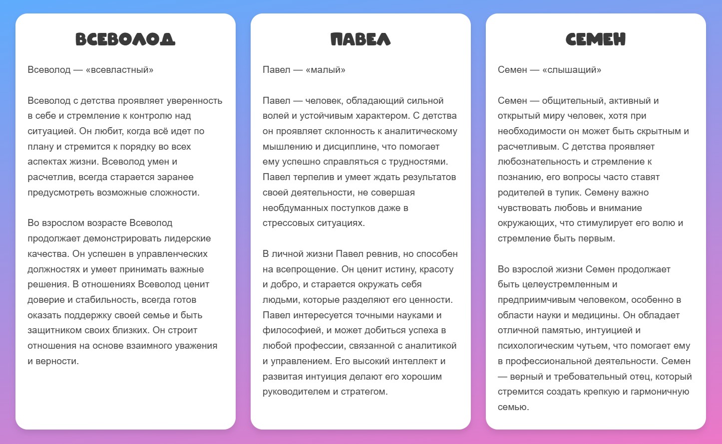 Пример результата подбора имени для мальчика