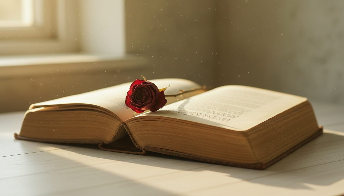 Старая книга лежит открытой на светлом полу, страницы подсвечены солнцем из окна