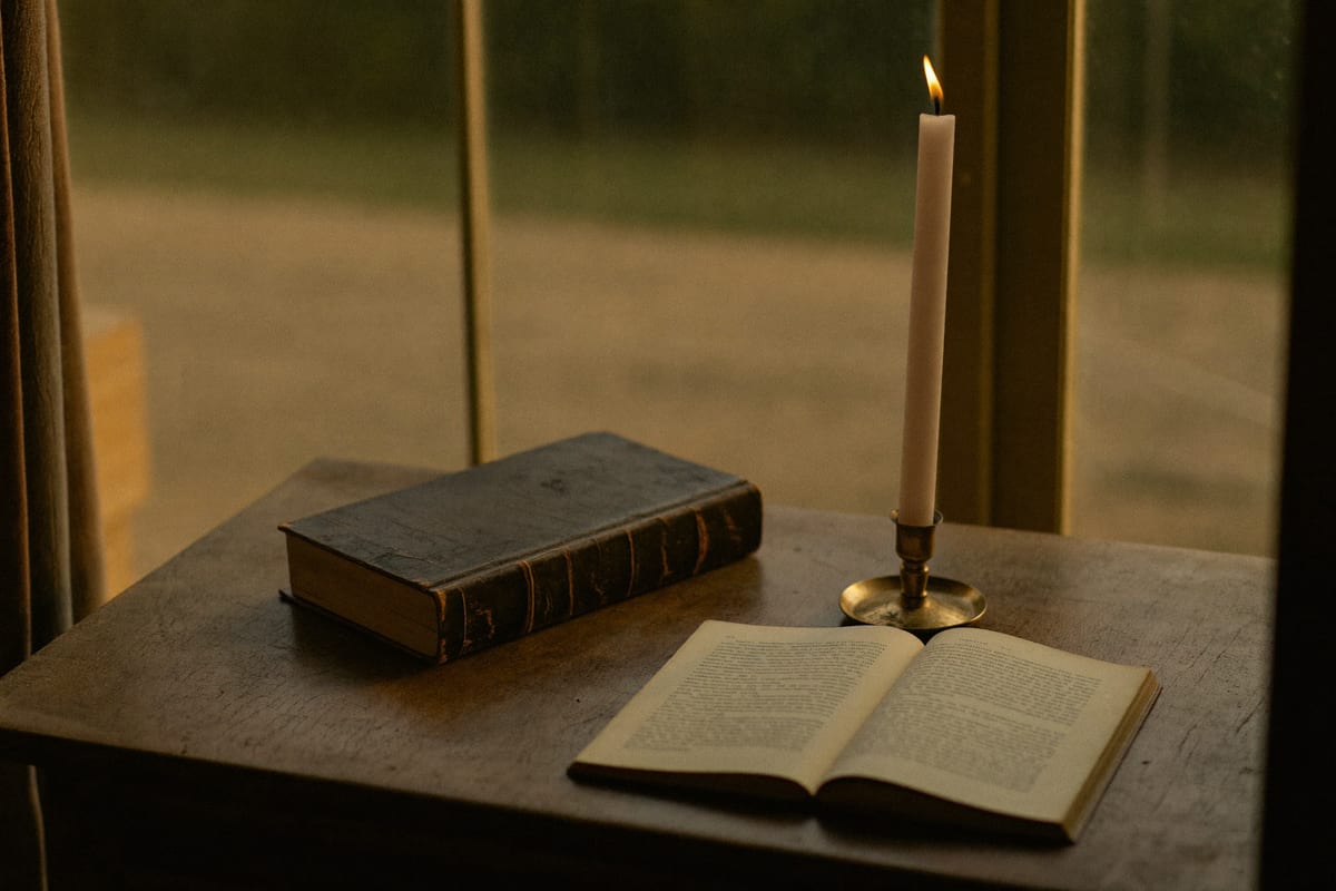 Старая книга и зажжённая свеча на деревянном столе у окна