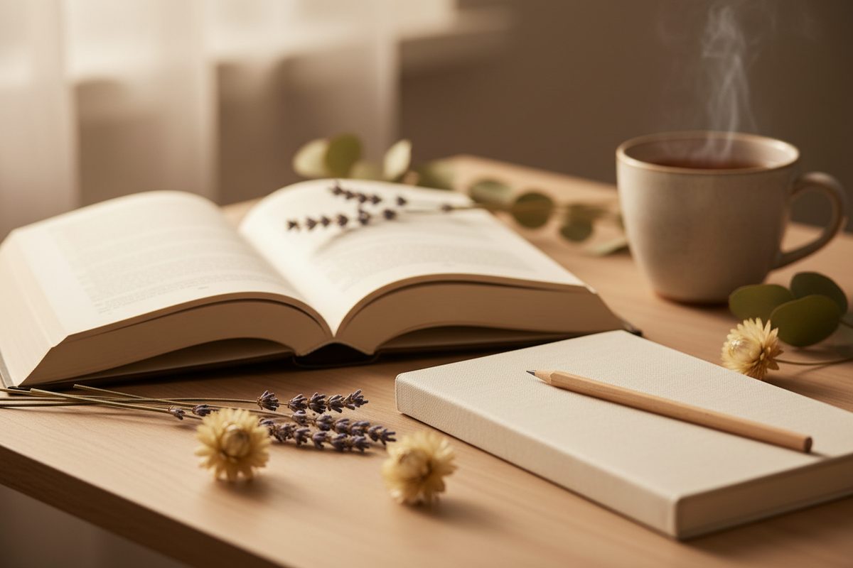 Раскрытая книга, блокнот с карандашом и чашка чая на светлом столе