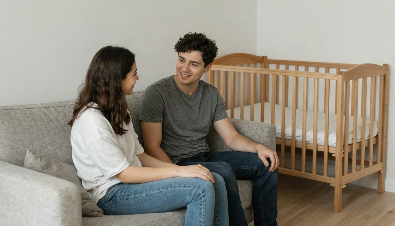 Молодые родители сидят на диване и разговаривают, рядом стоит деревянная детская кроватка