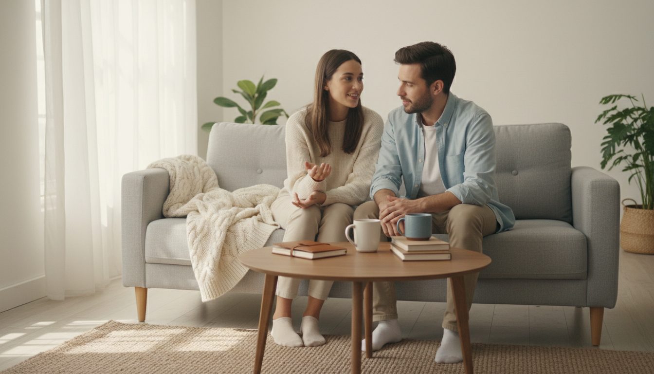 Молодая пара сидит на светлом диване и спокойно разговаривает, на столике книги и две кружки