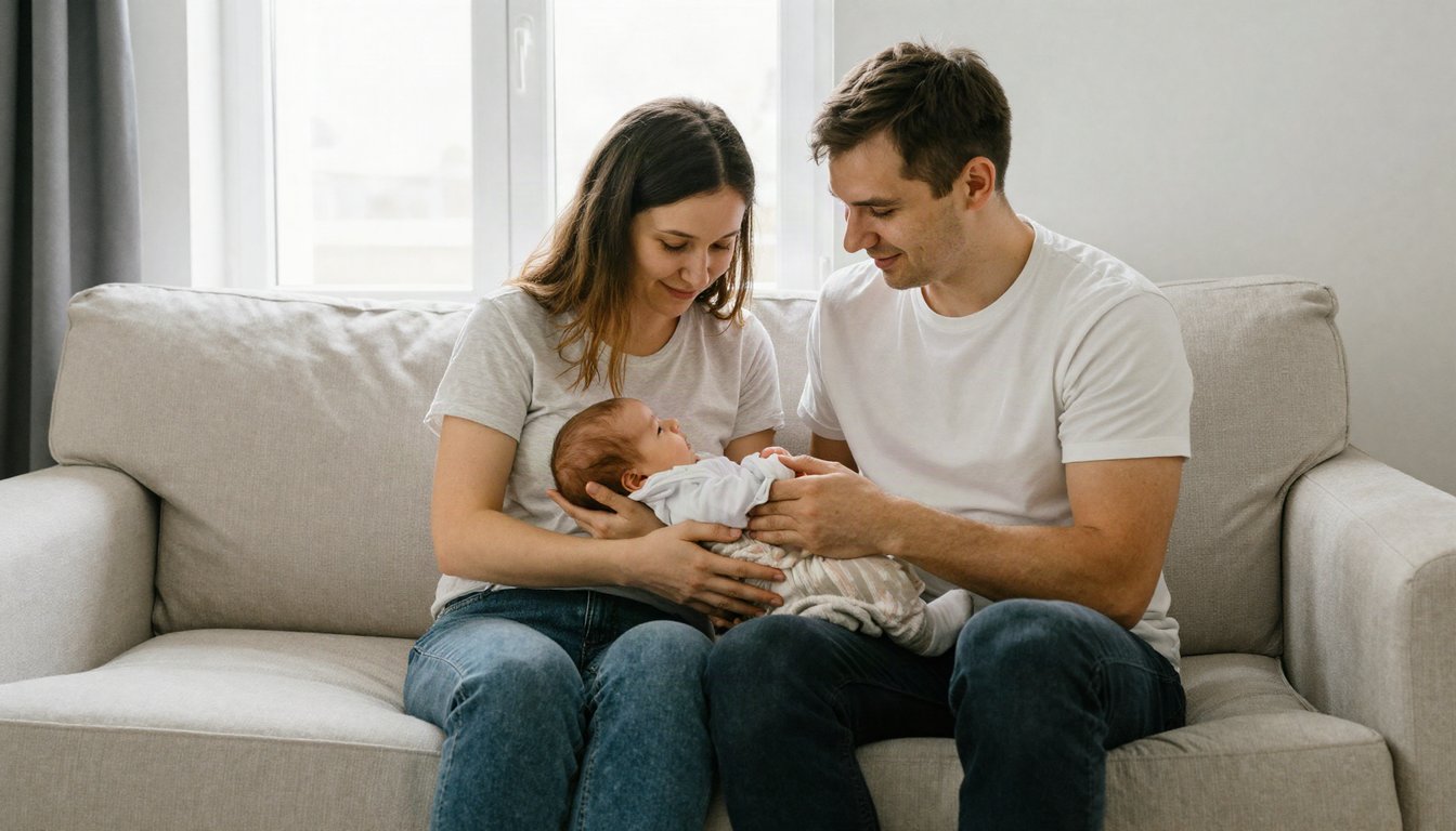 Родители с новорождённой дочкой сидят в светлой комнате у окна