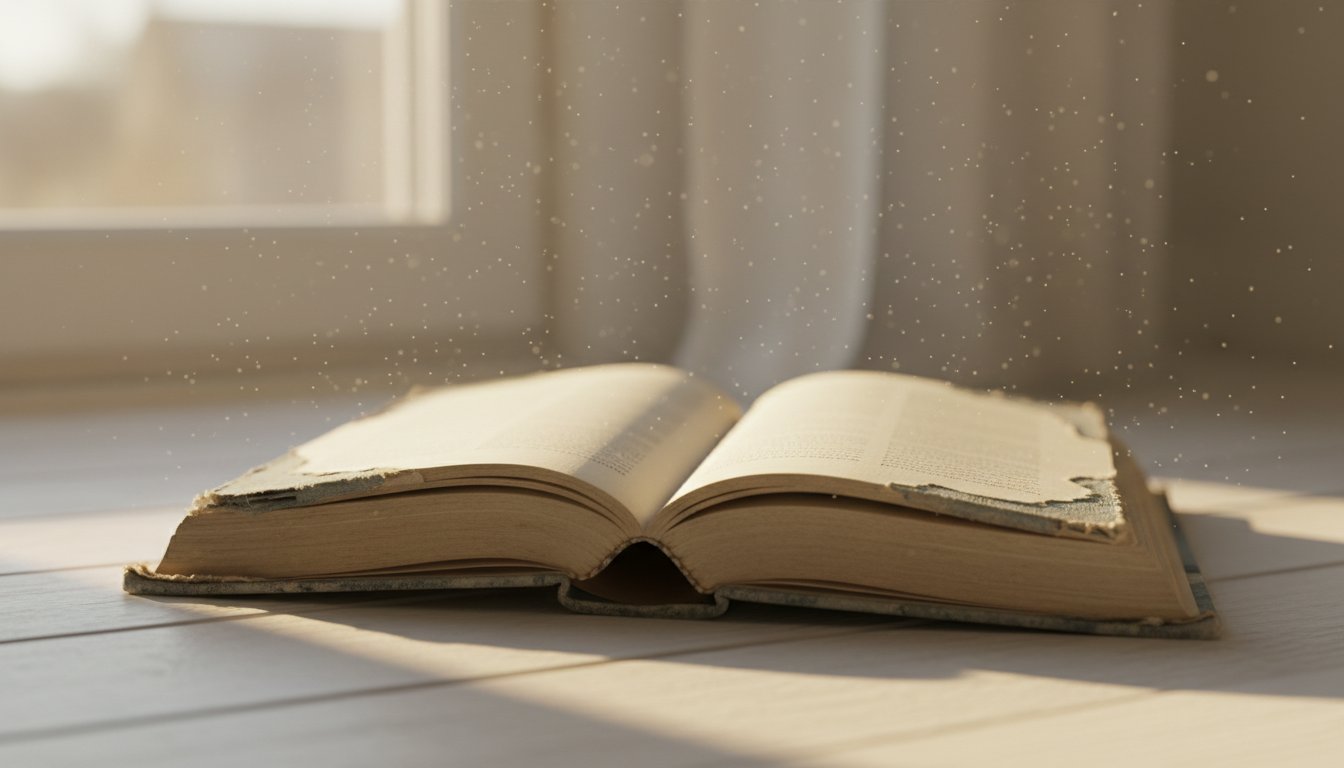 Старая книга лежит открытой на светлом деревянном полу, страницы подсвечены солнцем
