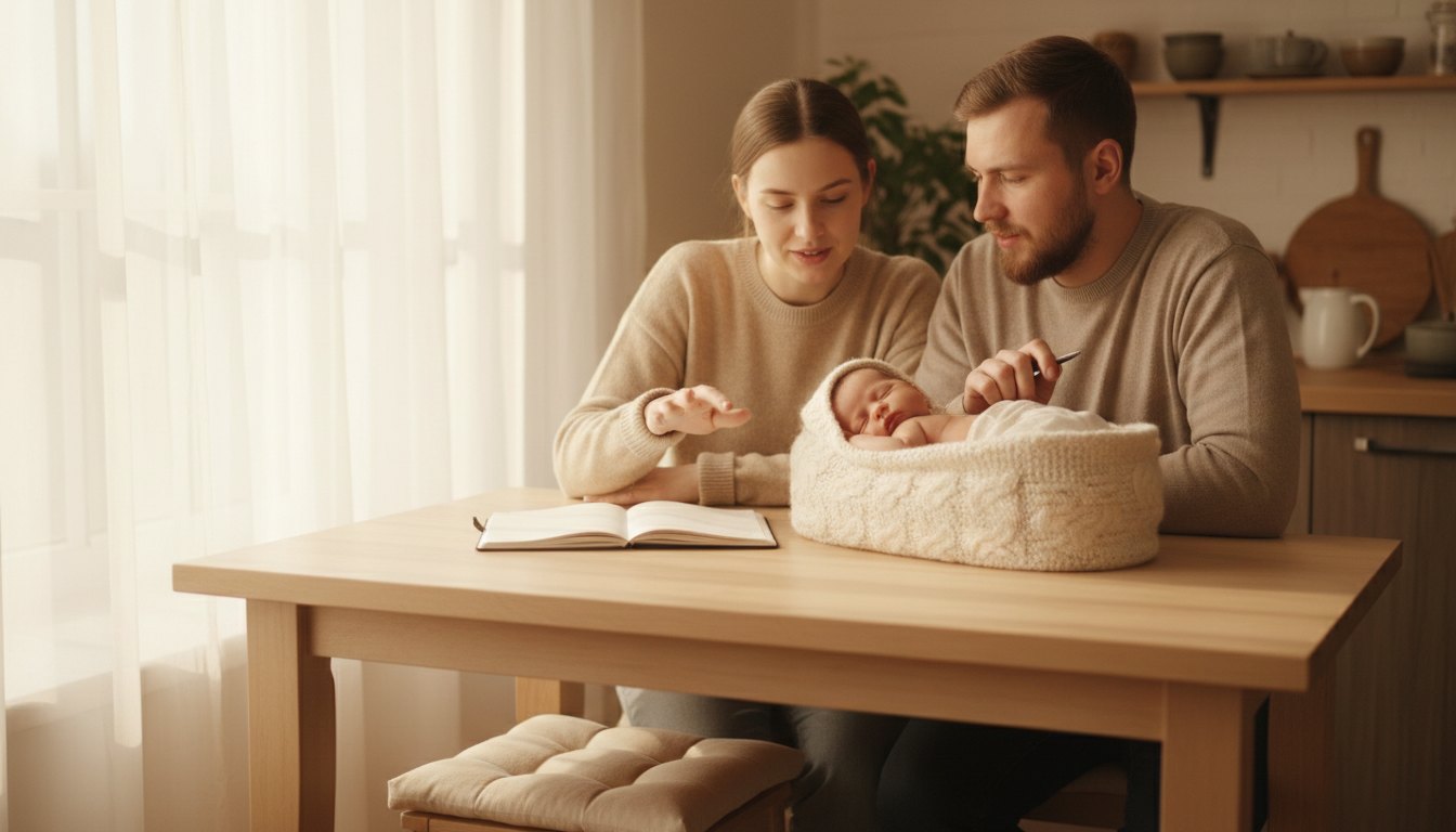 Родители сидят за кухонным столом с блокнотом, рядом спит новорождённый ребёнок
