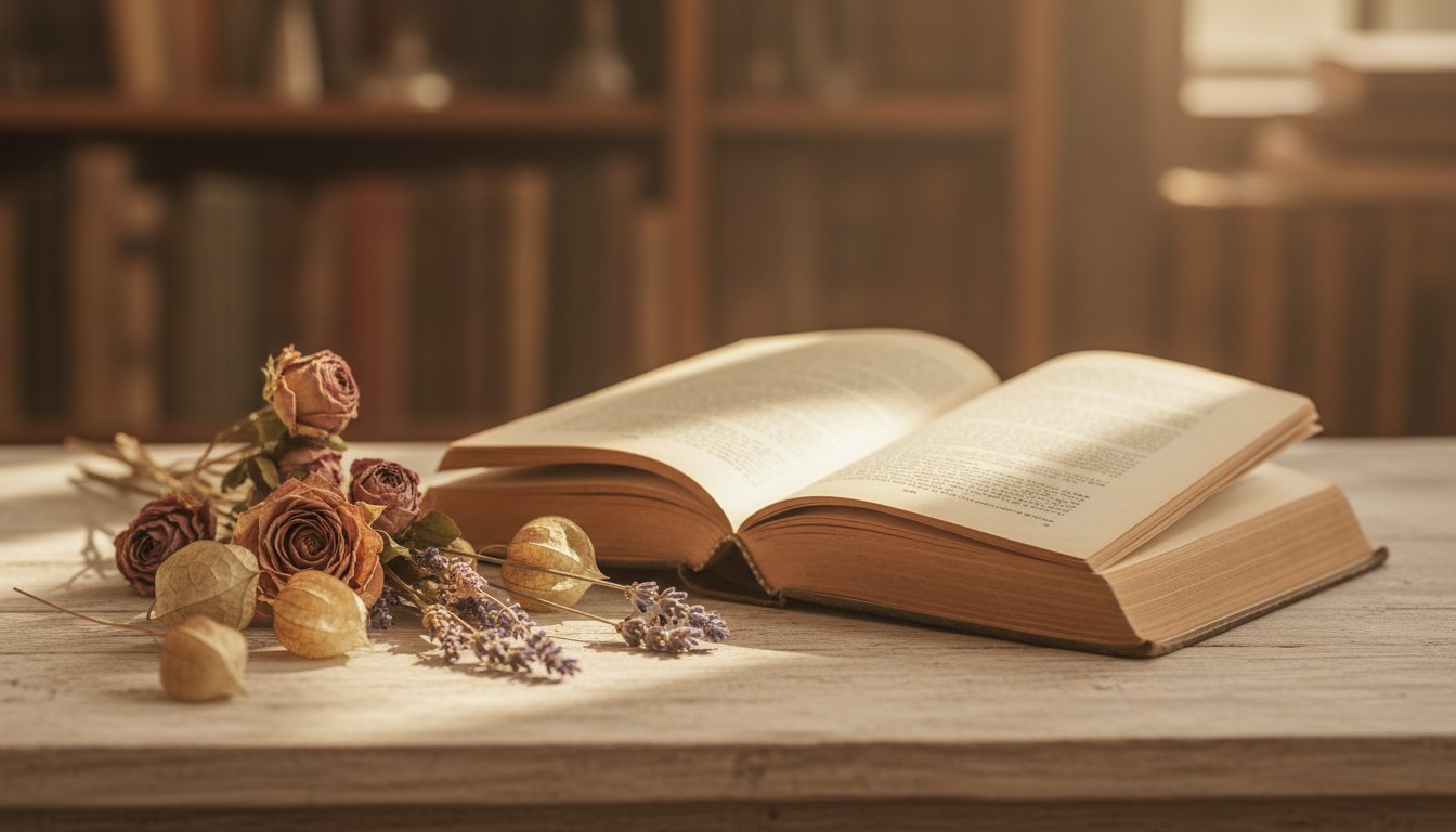 Старая раскрытая книга на светлом деревянном столе рядом с сухими цветами